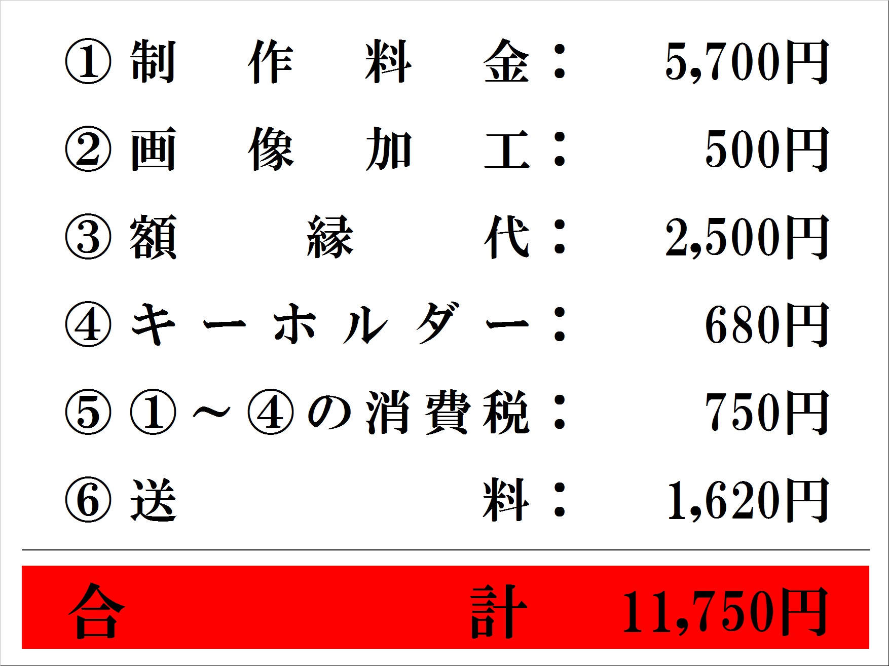 ①制作料金 5,700円 + ②画像加工 300円 + ③額縁代 3,800円 + ④キーホルダー680円 + ①~③の消費税 490円 = 合計10,130円