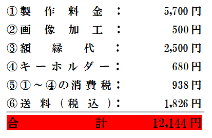 ①制作料金 5,700円 + ②画像加工 300円 + ③額縁代 3,800円 + ④キーホルダー680円 + ①~③の消費税 490円 = 合計10,130円